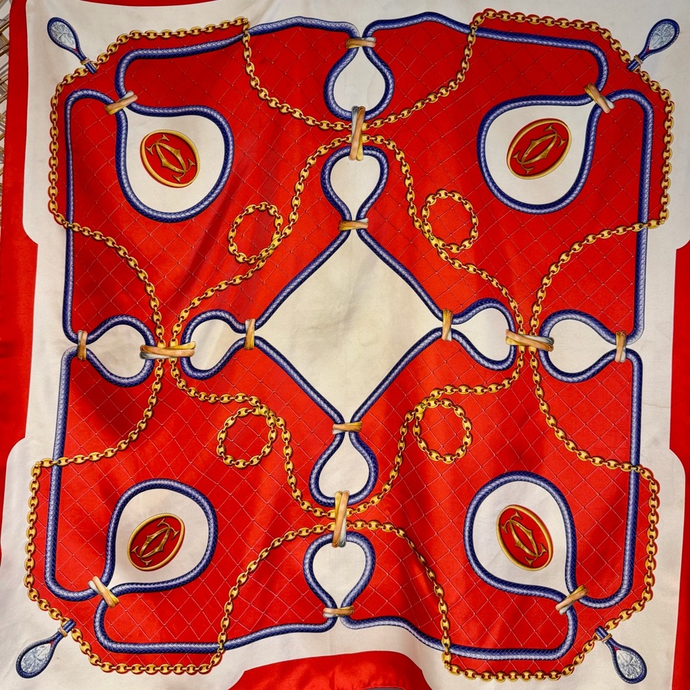 Cartier Red Blue Gold Silk Scarf with Chain Motif